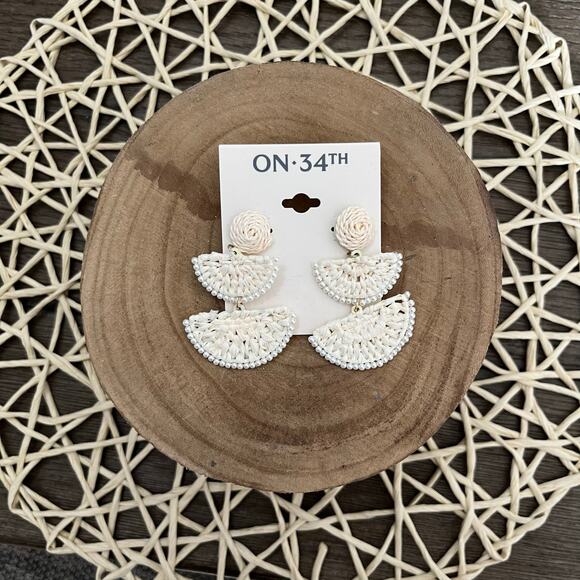 ON 34th Off White Stone Beading Boho Woven Raffia Drop Earrings - Picture 4 of 5